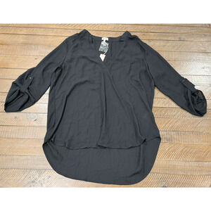 TEENBELL Black Tunic Blouse V-neck Band Collar 3/4 Sleeve Polyester - XXL